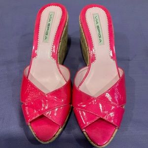 Via Spiga Pink Patent Leather Crisscross Wedged Sandals, Size 8 1/2